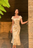 Party Midi Dresses for Women 2025 Summer Square Collar Slim Prom Female Clothes Wedding Evening Satin Dress New Robe 211-1-Outfit