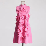 Fashion Temperament Dress Women 2025 Spring New Sleeveless Short Skirt Three-Dimensional Flowers Splicing High-End Skirt