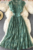 Purple/Green/Red Lace Midi Dress Women Sweet Round Neck Ruffle Vestidos Female High Waist Slim Robe Spring Autumn