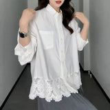 Design Lace Spliced White Shirt Women's Spring And Autumn And Winter Fat Mm Loose Thin Inside Stacked