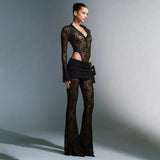 Zingj Sexy Lace Stitching Deep V Long Sleeve Top Slim See-Through High Waist Bell Bottoms Women's
