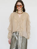 High-End Design Pure Color Temperament Chiffon Lotus Side Zipper Top With Comfortable Loose Long-Sleeved