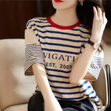 Version Of Loose Good-Looking Youth-Down Navy Blouse Woman! Letters Printed Short-Sleeved Cotton Striped