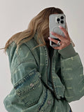 Retro Green Wear Denim Hooded Cotton Clothes Women Multi-Pocket Workwear Style Loose Version Of Autumn And Winter