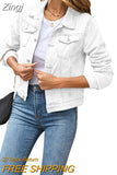 Women's Solid Color Denim Jacket Casual Long Sleeve Button Down Chest Pocket Jean Jacket Autumn