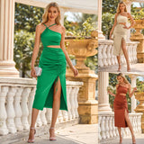 Summer 2025 New Solid Color Diagonal Shoulder Hanging Neck Waist Slit Pleated