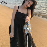 Dress Women Holiday French Solid Mid-calf Simple Elegant High Waist Beach Feminino Vestidos All-match Prevalent