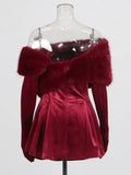 Temperament Famous Wind Velvet Dress 2025 New Hair Collar Splicing Diamond High-Sensing Sexy Breast Short Skirt