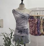 Net Yarn Printed Slanted Shoulder Sling Vest Retro Design Folding Temperament Short Blouse