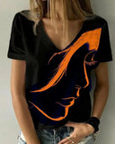 2023Fashion Women's Tops Abstract Portrait Painting T Shirt Loose Print V Neck Basic Tops Black / 3D Print Shirt