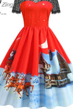 Dress Christmas Costume Women Lace Short Sleeve Hight Waist Vintage Evening Party Prom Casual