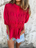 Summer New Solid Color Collar Button Casual Fashion Short Sleeves To Puff Shirt Women's