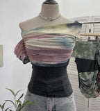 Shooting Can Wear Two-Wear Art Dizzy Net Yarn Spliced A Word Shoulder T-Shirt To Repair The Chest Short Babes Top