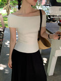 Xixi 2025 Spring And Summer New One-Word Collars Bottom Knitted Short-Sleeved T-Shirt Women's Top