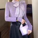 Design With Bow Temperament Elegant Knitted Shirt Autumn And Winter New Rich Gold Feeling Thin