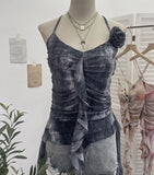 Lotus Leaf Side Flower V-Neck Sling Vest Dyed Mesh Cross-Sleeveless Top