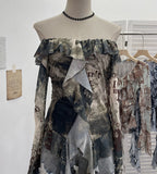 Shooting Retro Shoulder Tie-Dye Net Horn Long-Sleeved T-Shirt Irregular Lotus Leaf Side Ribbon Y2k Top