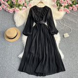 Zingj And Summer New Light Mature Temperament French Socialite Long Sleeve Waist Show Thin Dress Female Waist Pleated V Neck