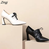 Heels Hoof Pumps Women Lace Up Pumps Cow Leather Shoes Female Fashion Pointed Toe OL Shoes Women Autumn 2023