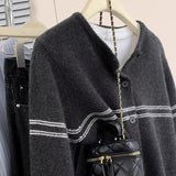 Striped Wool Knitted Cardigan Women's Autumn Coat 2025 New Spliced Sweater Jacket Bottom Shirt