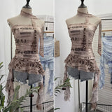 Shooting Spice Girls Irregular Lotus Leaf Side Ribbon With Non-Slip Strip Mesh Printing Chest Vest