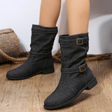 The Autumn And Winter Of 2025, The Belt Buckle Round Head Thick Bottom Mid-Sleet Boots Women Flat Bottom Low Heel