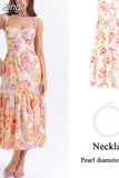 Summer Blue Midi Floral Print Holiday Dress Elegant Spaghetti Strap Full Skirt Go Out Party Dresses Women Dress