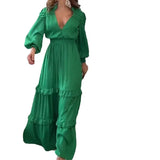 Zingj 2023 New Solid Color Deep V-Neck High Waist Tight Waist Design Long-Sleeved Dress-Outfit