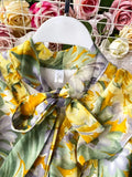Autumn Bohemian Floral Pleated Long Dress Women Elegant Bow Collar Puff Sleeve Draped Chiffon Vestidos Female Party