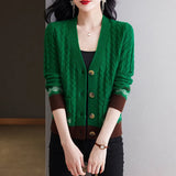 Zingj Spring And Autumn New V-Neck Sweater Coat Female Foreign Style Jacquard With A Small Loose Knit Cardigan-Outfit
