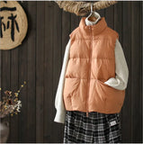 Down Jacket Vest Jacket Female 2024 Spring And Autumn New Korean Version Of White Duck Velvet Loose Horse Clip Vest Stand Collar Bread Suit-Outfit