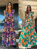 New Ruffle Sleeveless Printed Skirt Ladies V Neck Elegant Long Dress Waist Slimming Temperament