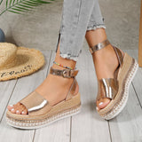 Summer New Large-Size Fish Mouth Buckle Slope Heel Sandals Women's Fashion Comfortable Thick-Soled Bright Face Women's