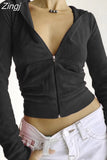 Fashion Green Velour Cropped Zip Up Hoodie Women Autumn Basic Jacket Coat Harajuku Hooded Sweatshirts Solid