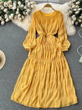 Autumn Women Draped Chiffin Dress Femael Vintage Round Neck Puff Long Sleeve High Waist A-Line Loose Pleated Robe