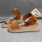 And Summer New Belt Buckle One-Word Slope Sandals Women's Flat Bottom Car Sewing Empty Dew Roman