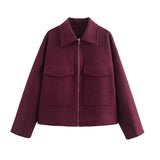 Women's Explosive Retro Fashion Simple Collar Big Pocket Zipper Wool