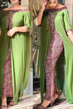 Spring Autumn Fashion Loose Leopard Women Maxi Long Split Gown Leisure Outdoor Patchwork Strapless Sexy African