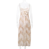 Beige Black Tie Up Lace Mesh Maxi Dress-Outfit