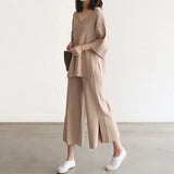 Wind Knitted Set Of Trousers Autumn New V-Neck Top + Open Wide Leg Pants Fashion Temperament