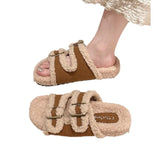 Zingj Slippers Female 2024 Autumn / Winter New Korean Version Of Fashion Color Stitching Soft Wool And Velvet Belt Buckle Flip-Ops-Outfit