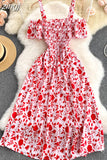Sexy Slash Neck Spaghetti Strap Midi Dress Women Casual Off Shoulder Short Sleeve Vacation Beach Robe Female