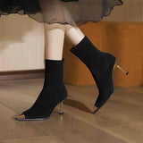 High-Heeling Short Boots Women 2025 Autumn And Winter New Black Metal Head Fine And Elastic Velvet Face Thin Socks