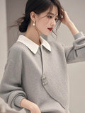 Gray Fake Two Knitted Sweater Women's Autumn And Winter Korean Atmosphere Relaxed Leisure Polo Collar
