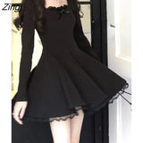 Winter Elegant Lace Y2k Mini Dress Woman Korean Basic Chic Lolita Kawaii Knitted Dress Solid Long Sleeve Short Party