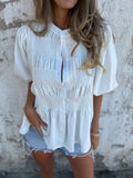 Summer New Solid Color Collar Button Casual Fashion Short Sleeves To Puff Shirt Women's