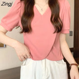 Sleeve Blouse Women V-neck Solid Summer Asymmetrical All-match Simple Basic Elegant Sweet Lady Tops Design Korean