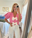 And Sweet Niche Wind 2025 Spring New V-Necked Short-Sleeved Personality Double Bow Solid Color Sweater