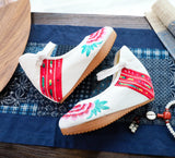 Zingj Heels Single Shoes Beef Tendon Bottom Spring And Autumn Style A Word Buckle Buckle Embroidered Cloth Shoes Slope Heel Women's