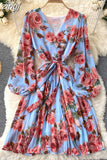 Women Floral Draped Mini Dress Bohemian Female V-Neck Puff Long Sleeve High Waist Bandage Pleated Vestido Female Robe